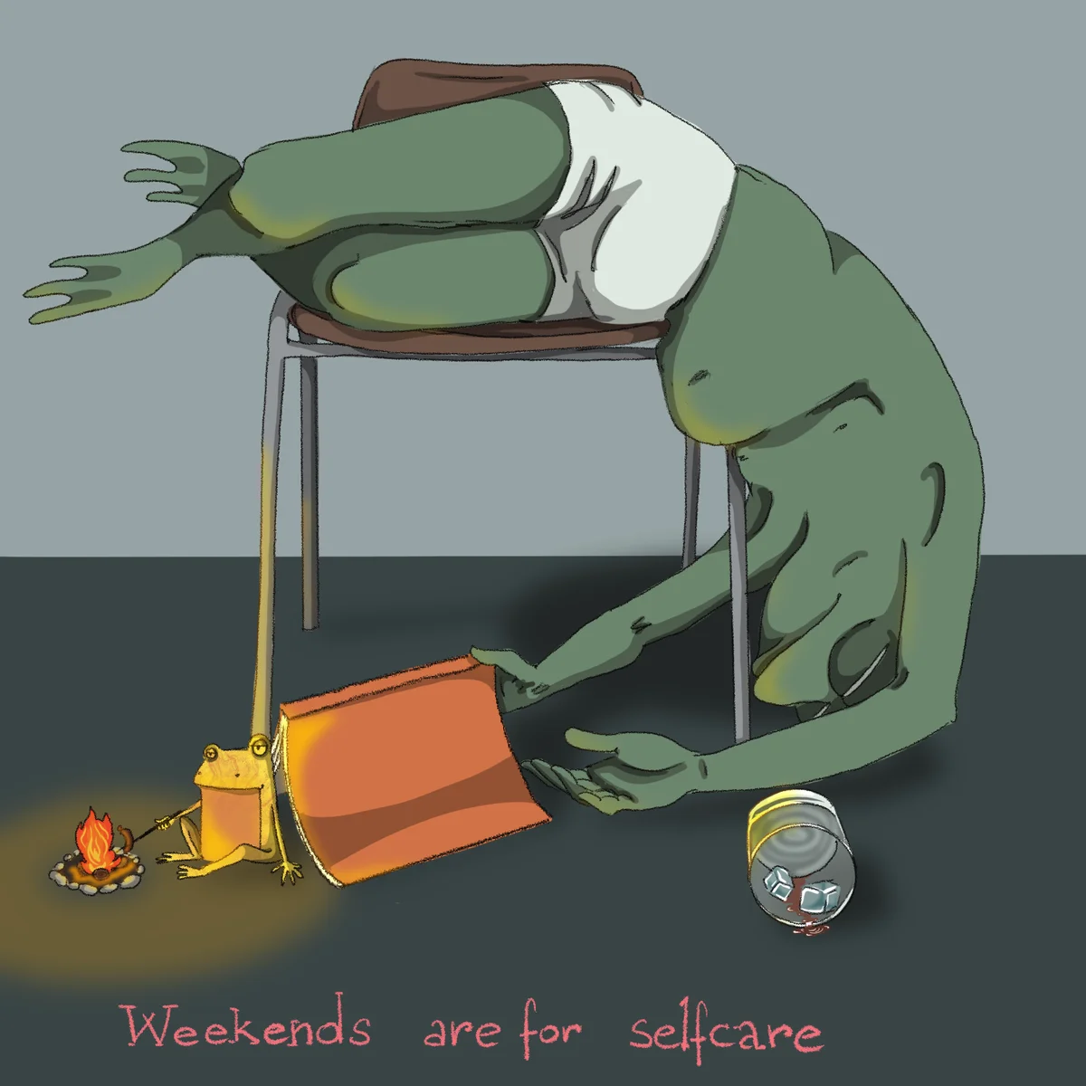 Frogo toasting a sausage over a tiny campfire beneath a slumped green frog